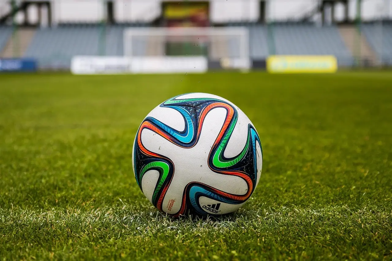 Fodbold på græsplæne foran et mål